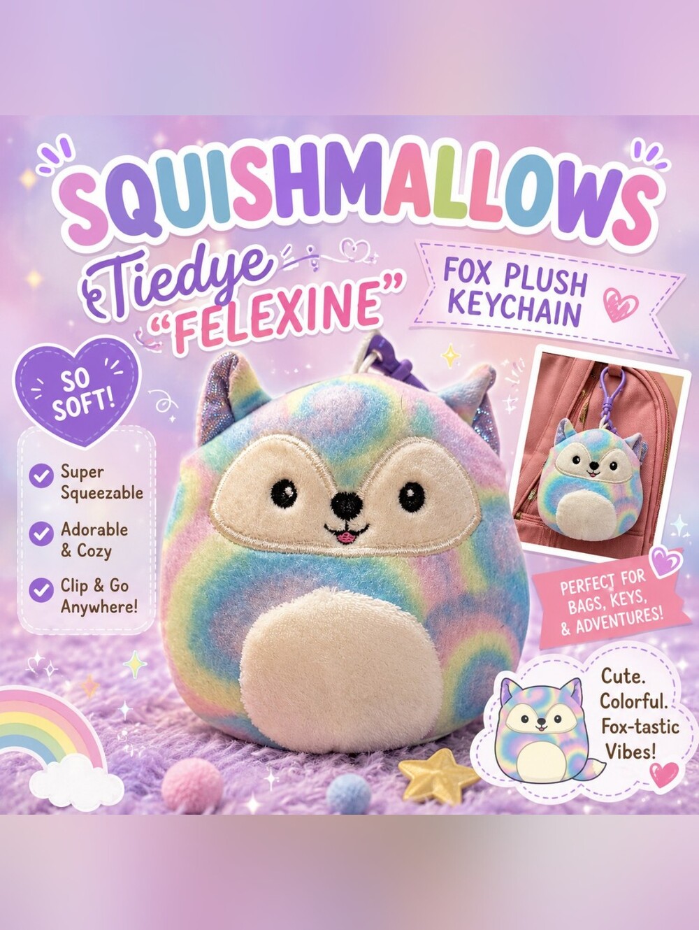 Squishmallows Felexine Tie-Dye Fox Plush Keychain Clip Rainbow Kawaii Mini Plush